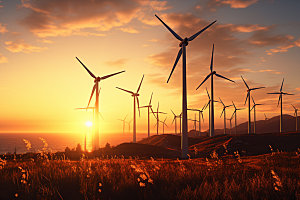 夕阳下的风力电厂风车新能源摄影图