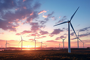 夕阳下的风力电厂清洁能源风电摄影图