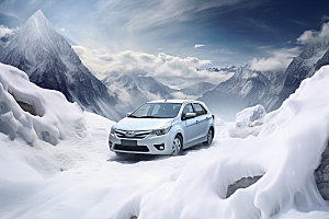 汽车雪景寒冷雪地摄影图