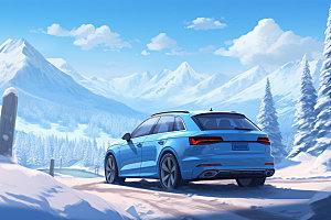汽车雪景风光雪地摄影图