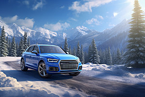 汽车雪景雪地寒冷摄影图