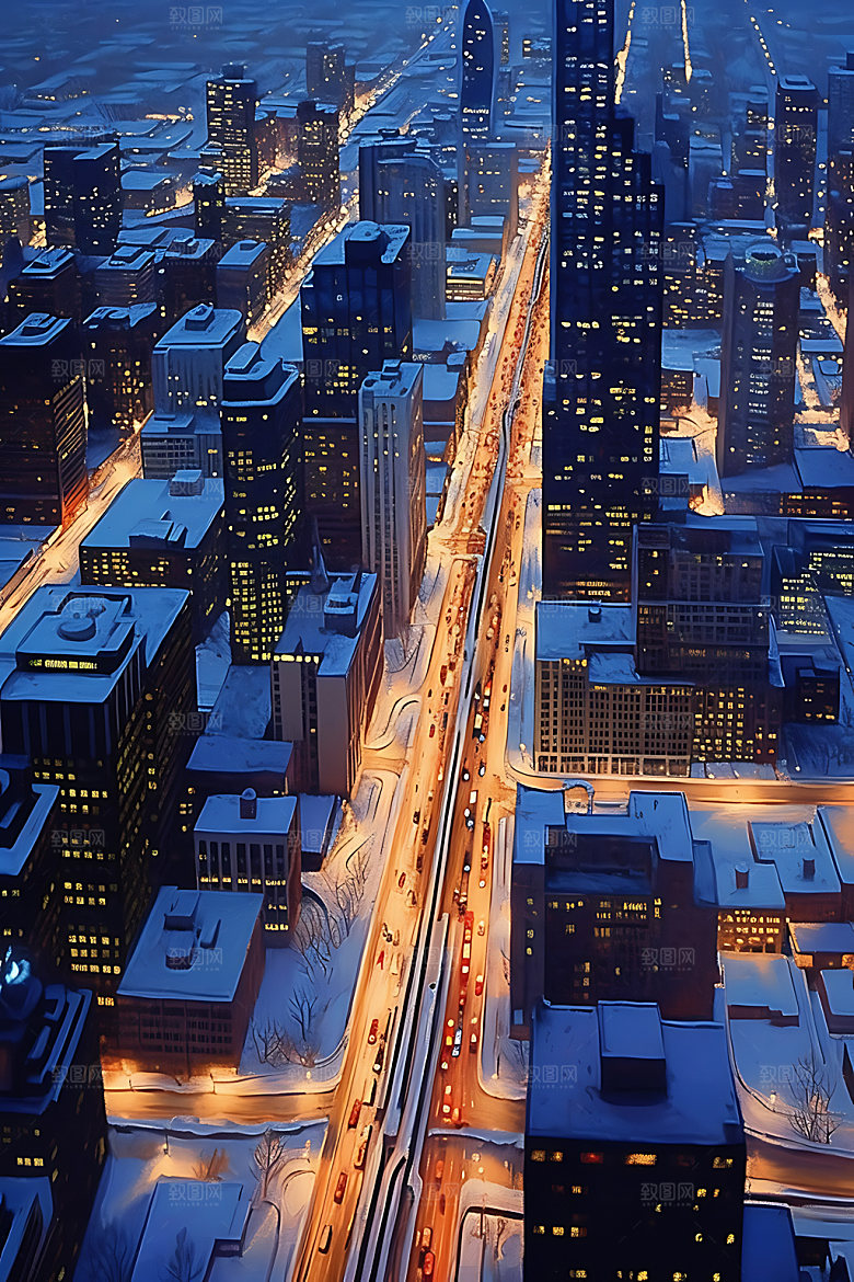 城市雪景冬日飘雪城市夜景