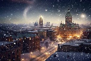 城市雪景鹅毛大雪冬天城市夜景