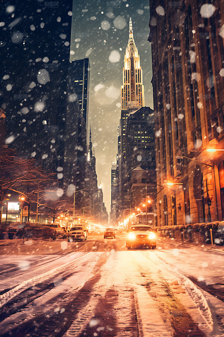 城市雪景冬日冬季城市夜景