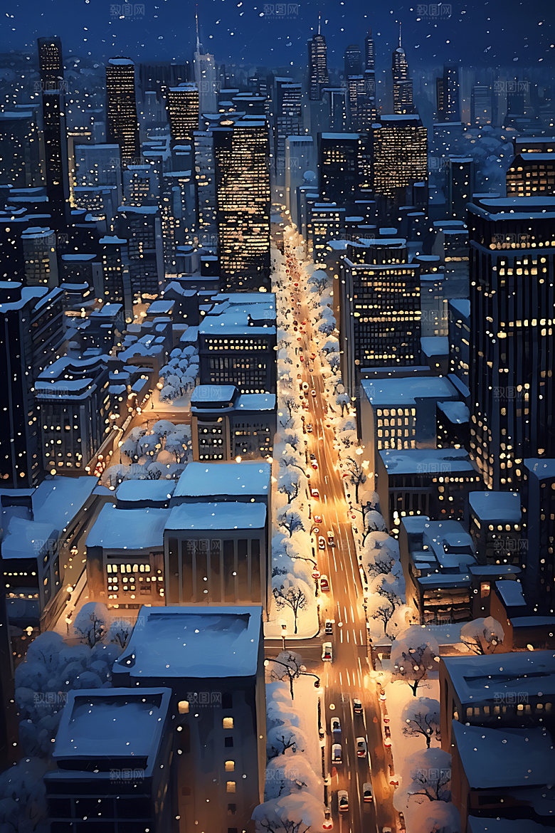 城市雪景鹅毛大雪冬季城市夜景