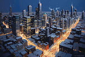 城市雪景冬季冬天城市夜景