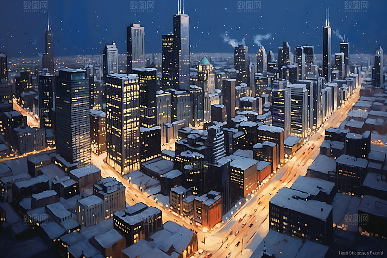 城市雪景冬季冬天城市夜景