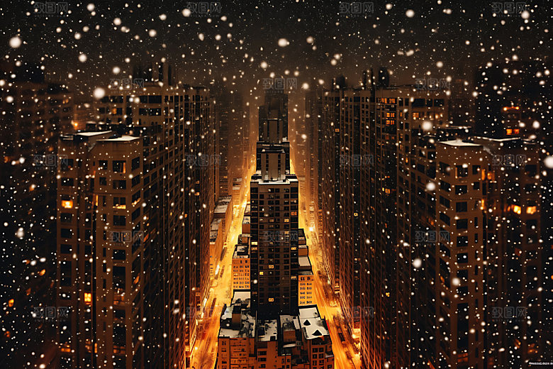 城市雪景北方城市飘雪城市夜景