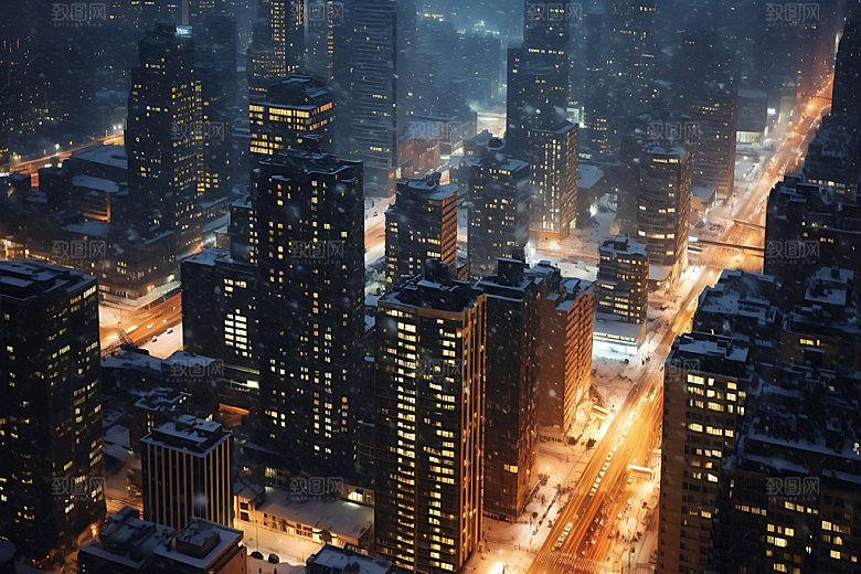 城市雪景冬季冬天城市夜景