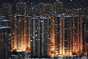 城市雪景飘雪鹅毛大雪城市夜景