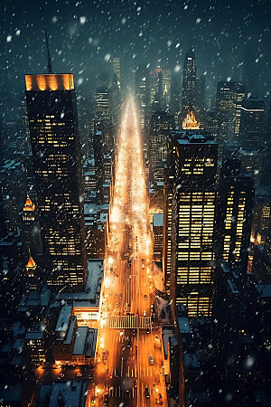 城市雪景飘雪北方城市城市夜景