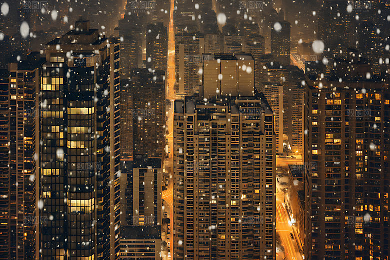 城市雪景鹅毛大雪冬日城市夜景
