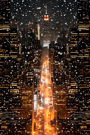 城市雪景冬天飘雪城市夜景