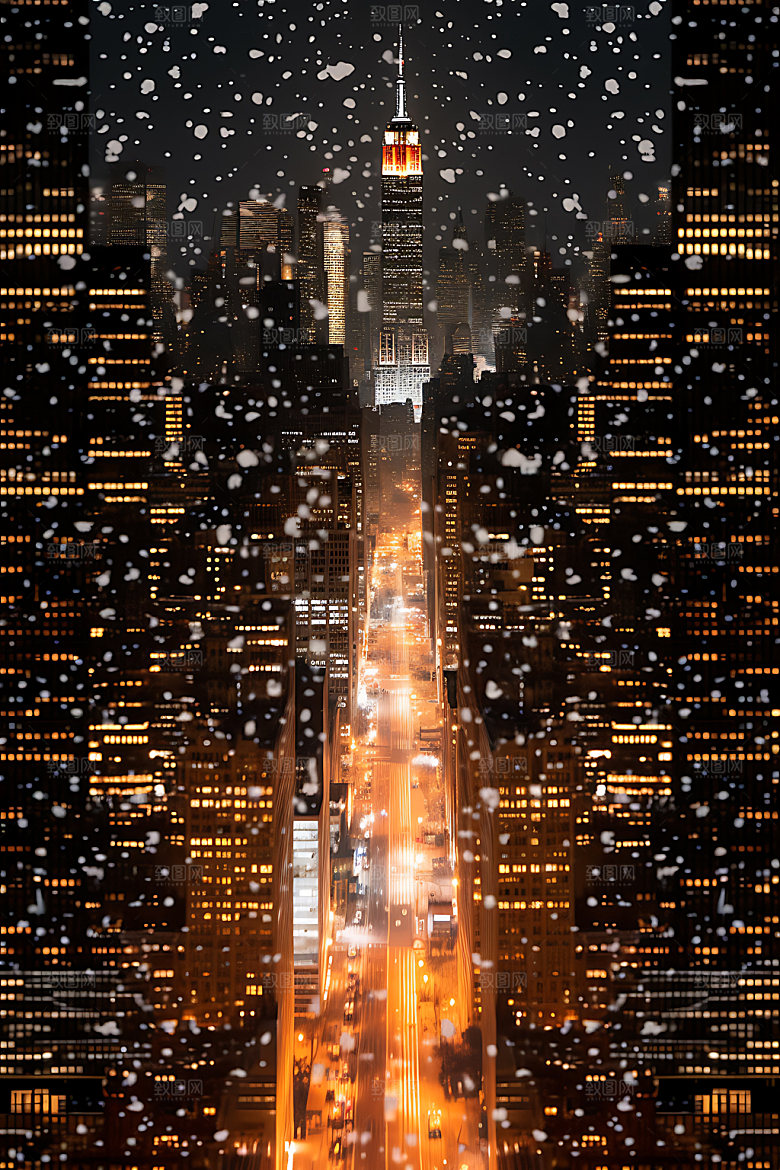 城市雪景冬天飘雪城市夜景