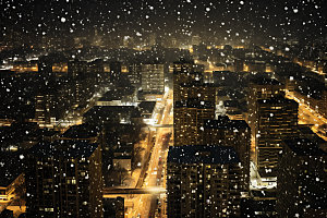 城市雪景鹅毛大雪冬天城市夜景