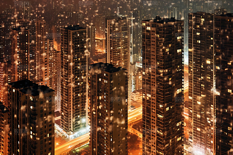 城市雪景冬季冬天城市夜景