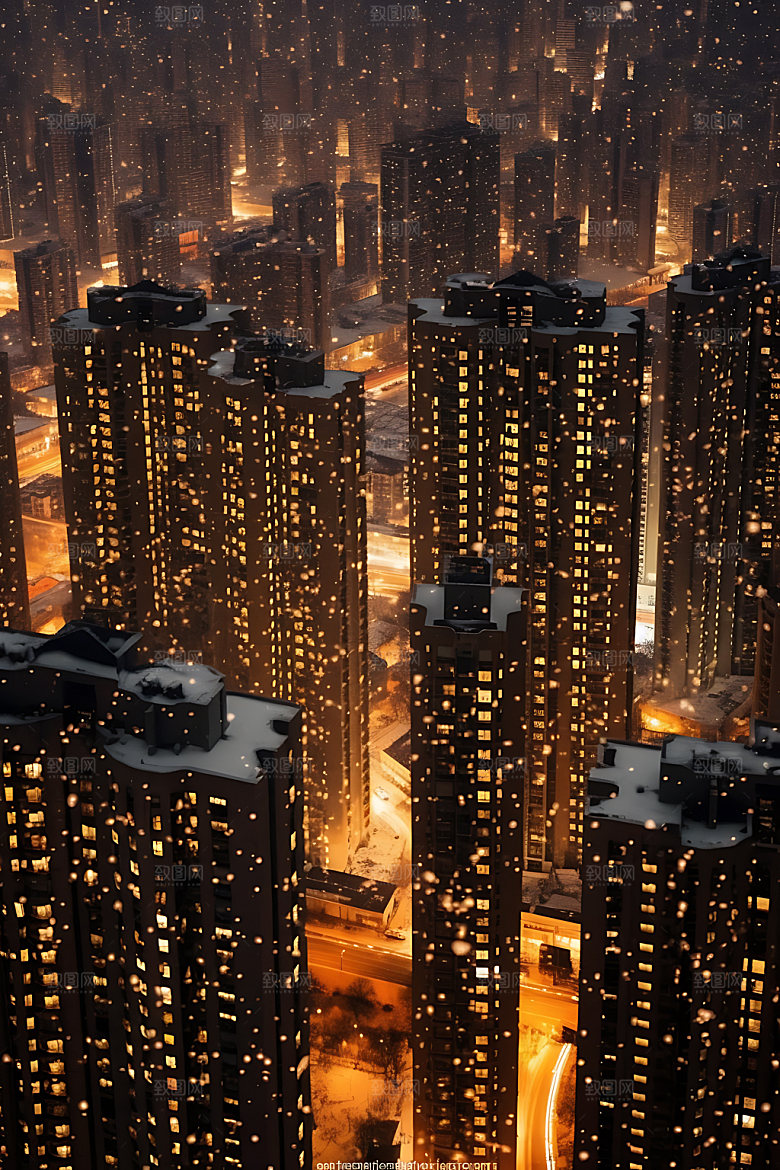 城市雪景冬日北方城市城市夜景