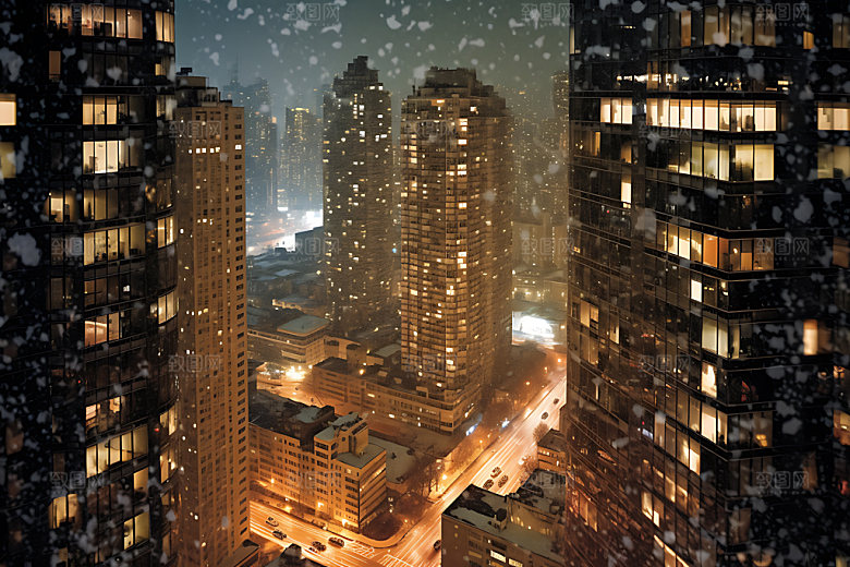 城市雪景飘雪冬季城市夜景