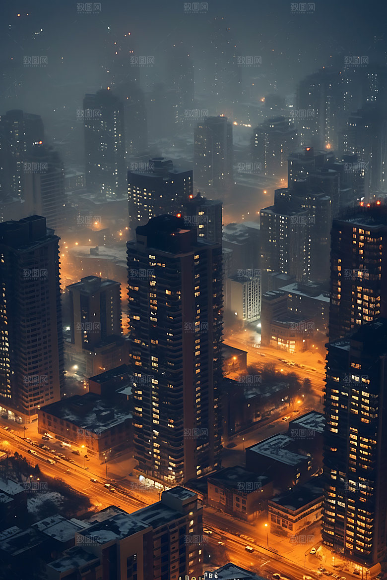 城市雪景北方城市冬季城市夜景