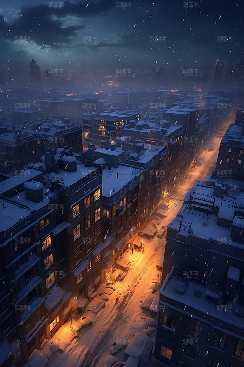 城市雪景飘雪冬天城市夜景