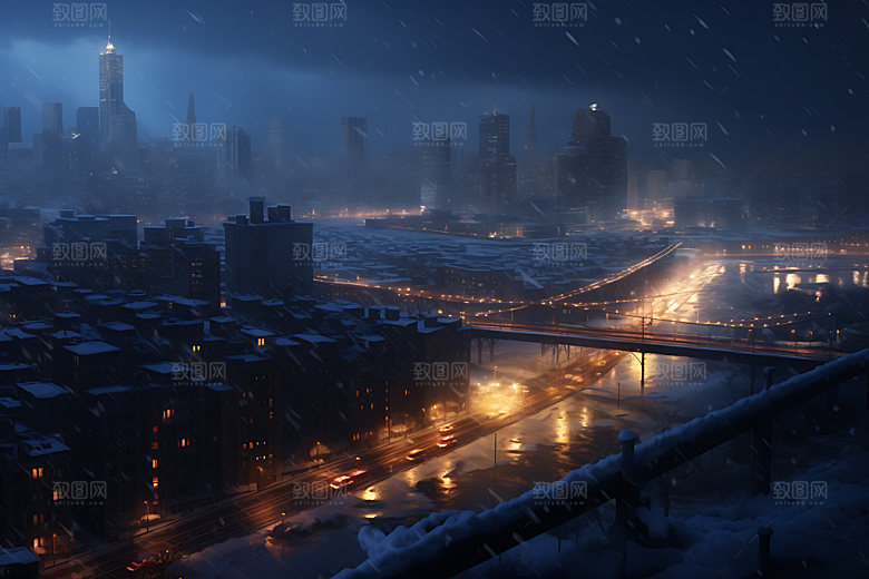 城市雪景鹅毛大雪飘雪城市夜景