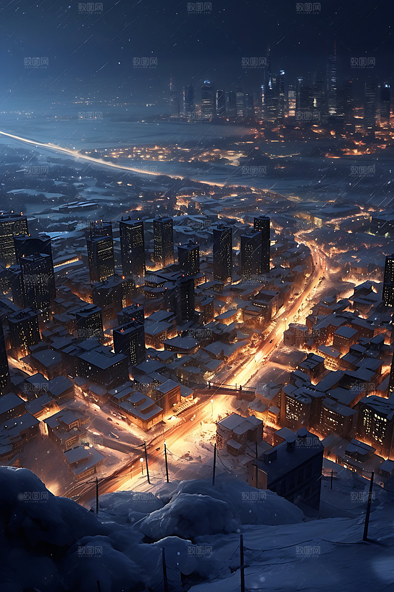 城市雪景北方城市飘雪城市夜景