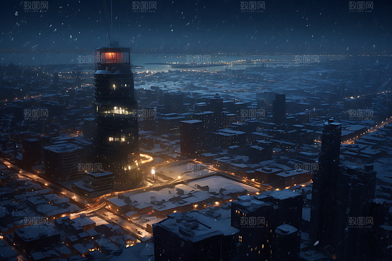 城市雪景北方城市冬季城市夜景