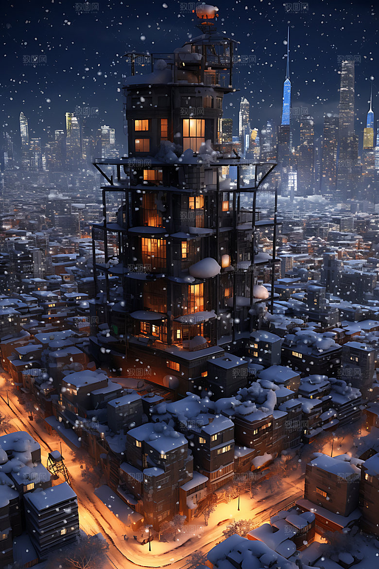 城市雪景鹅毛大雪冬天城市夜景