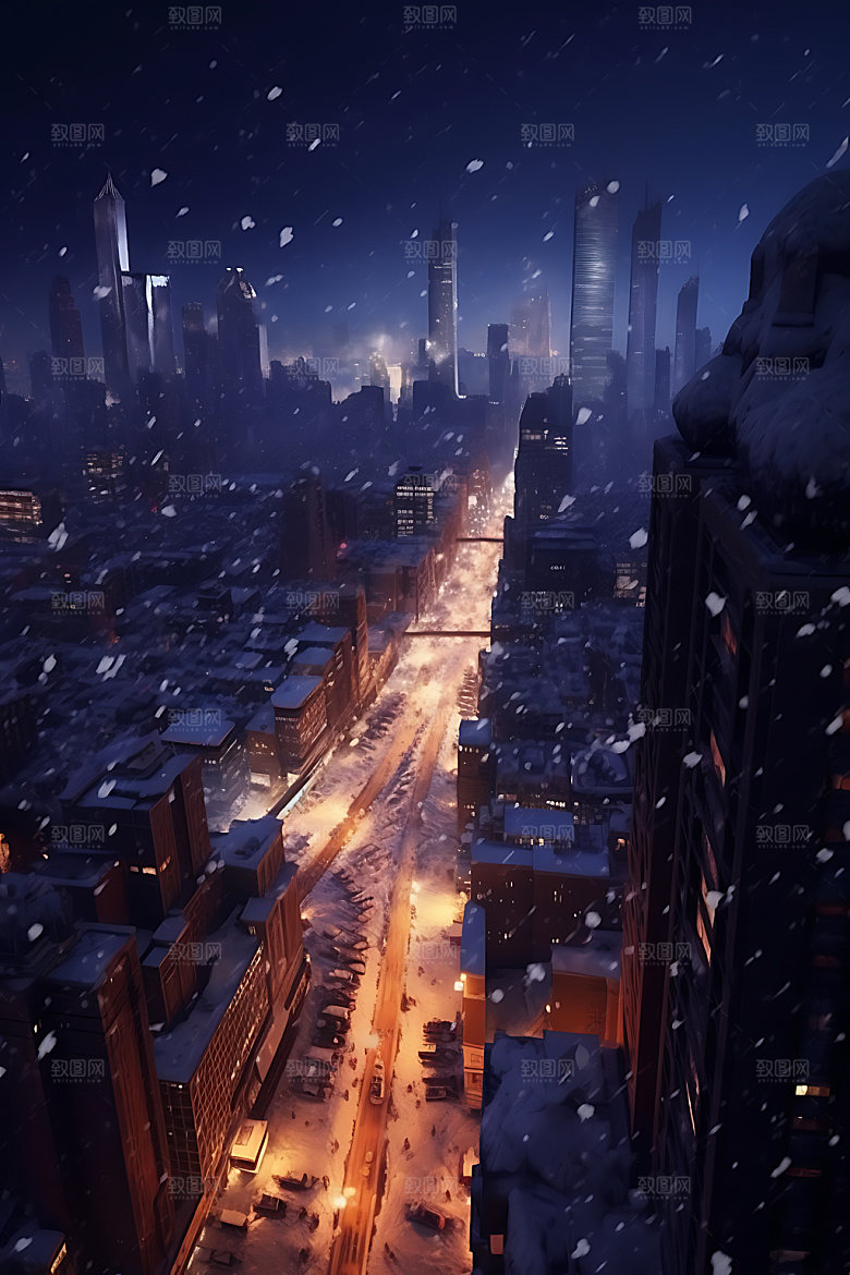 城市雪景鹅毛大雪冬天城市夜景