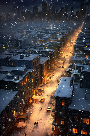 城市雪景鹅毛大雪北方城市城市夜景