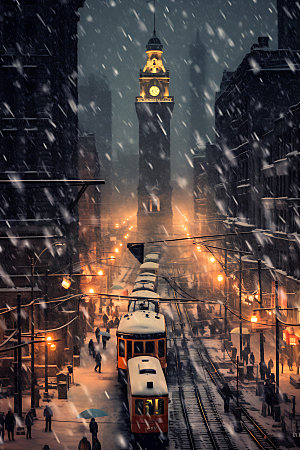 城市雪景冬日冬季城市夜景