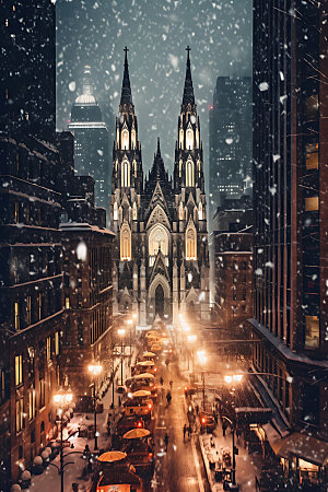 城市雪景飘雪冬季城市夜景
