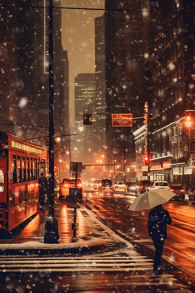 城市雪景冬日飘雪城市夜景