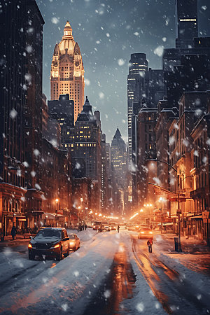 城市雪景冬季鹅毛大雪城市夜景