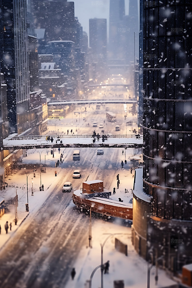 城市雪景飘雪冬日城市夜景