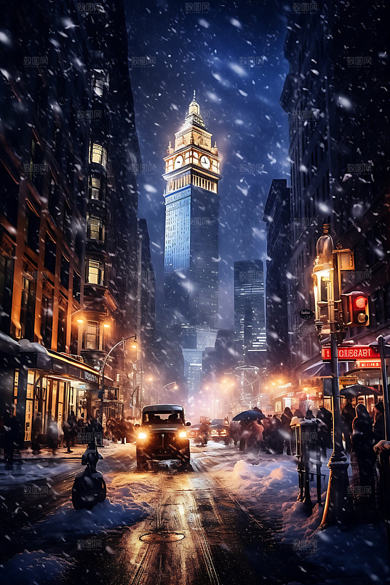 城市雪景冬日北方城市城市夜景