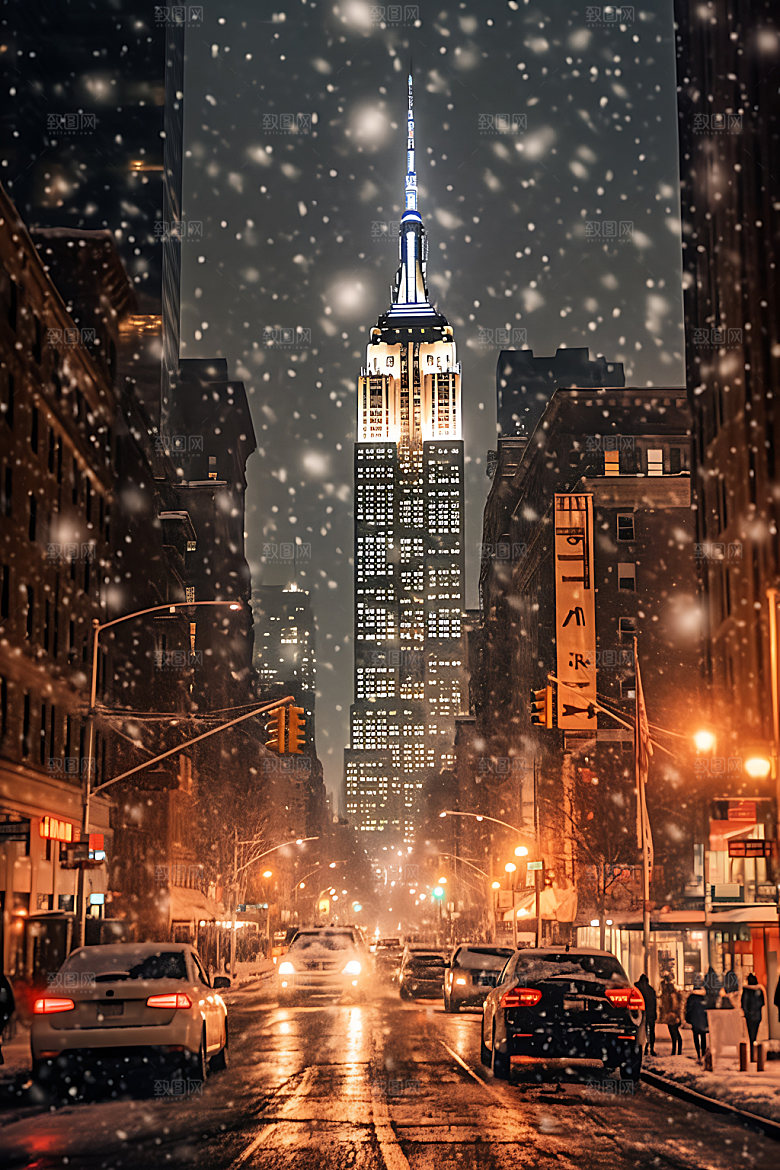 城市雪景冬日鹅毛大雪城市夜景