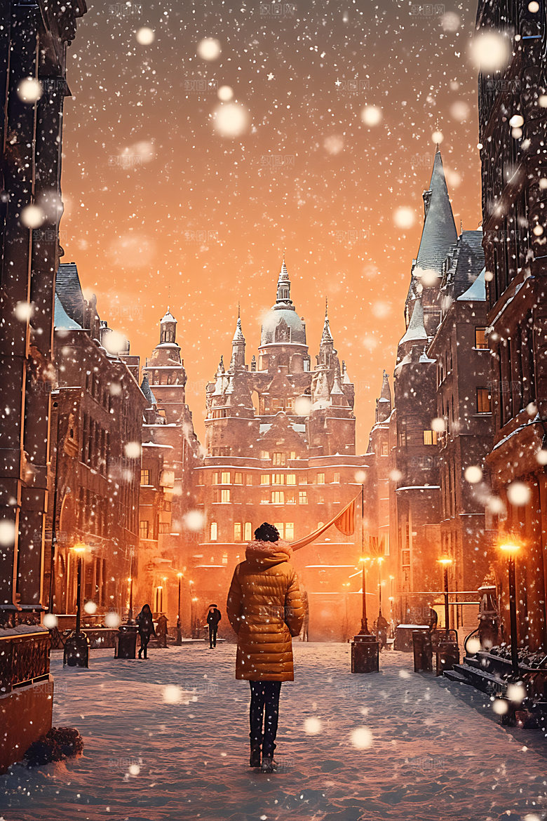 城市雪景鹅毛大雪冬季城市夜景