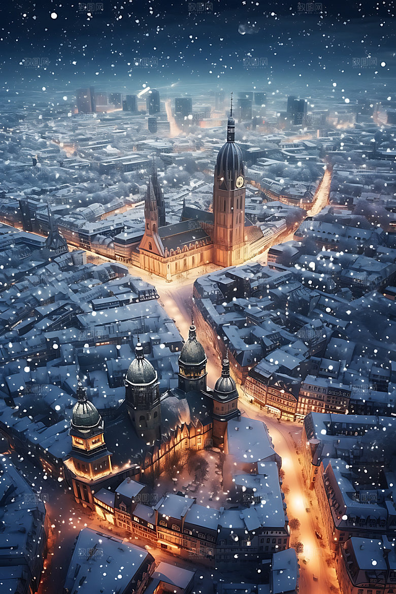 城市雪景北方城市冬日城市夜景