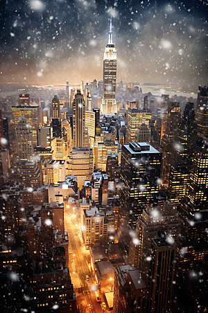 城市雪景冬天鹅毛大雪城市夜景