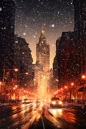 城市雪景飘雪冬季城市夜景