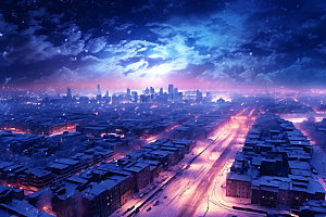 城市雪景飘雪冬天城市夜景