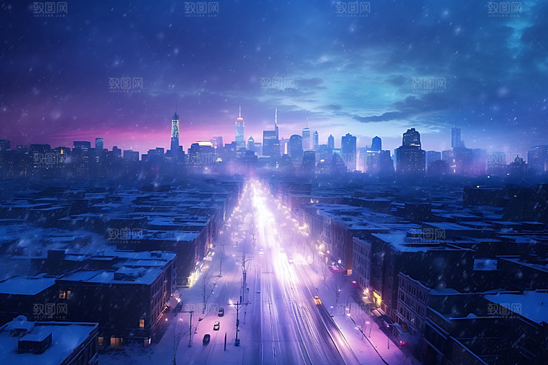 城市雪景冬天冬季城市夜景