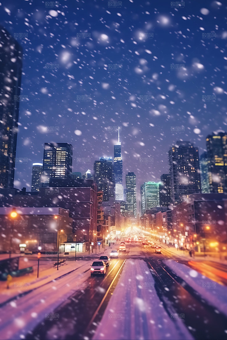 城市雪景飘雪冬天城市夜景