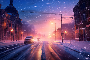 城市雪景冬天北方城市城市夜景