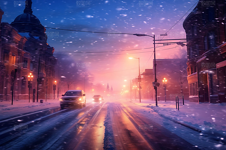 城市雪景冬天北方城市城市夜景