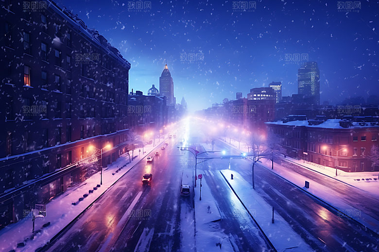 城市雪景冬季北方城市城市夜景