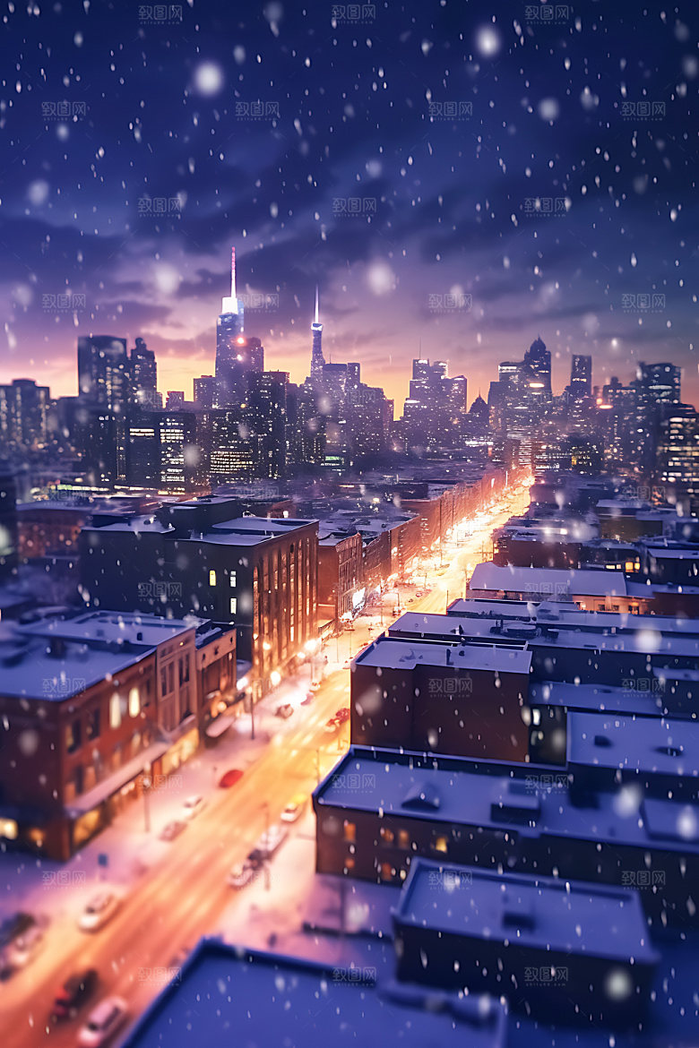 城市雪景冬季北方城市城市夜景