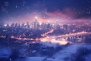 城市雪景冬季飘雪城市夜景