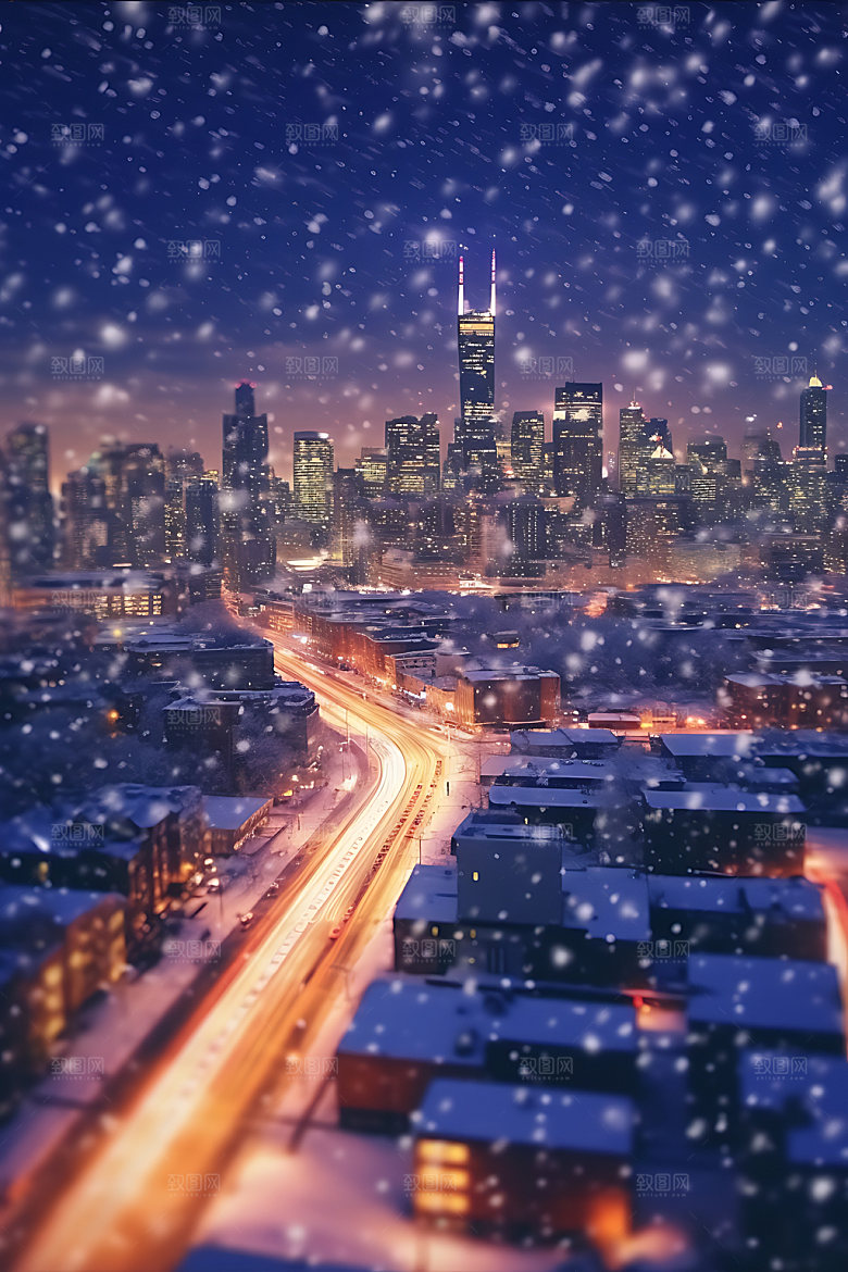 城市雪景北方城市鹅毛大雪城市夜景